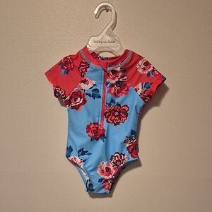 NWT Deux par Deux Floral Red / Blue Baby Girl Swimsuit - 9/12 M